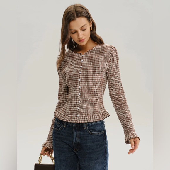 Brown Plaid Shirred Poet Sleeve Blouse - Picture 3 of 6